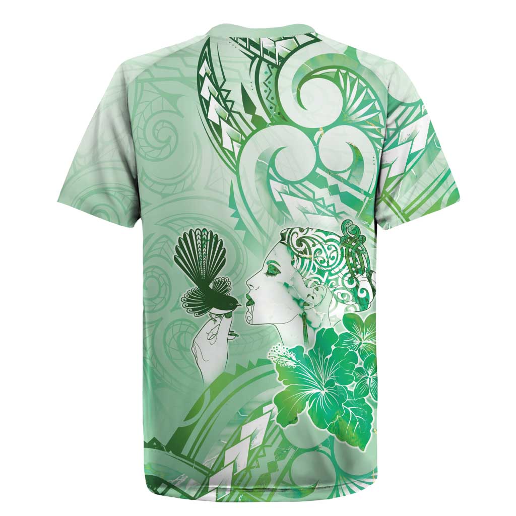 Aotearoa Maori Wahine Rugby Jersey Fantail Bird Green Gold Marble
