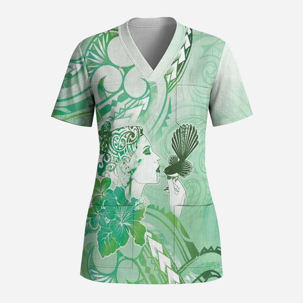 Aotearoa Maori Wahine Scrub Top Fantail Bird Green Gold Marble LT05 Adult Green - Polynesian Pride