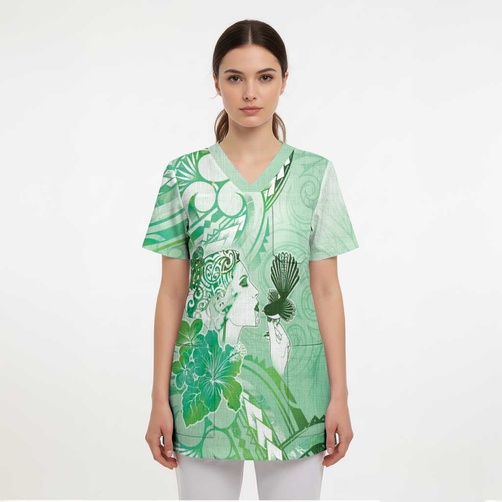 Aotearoa Maori Wahine Scrub Top Fantail Bird Green Gold Marble - Polynesian Pride