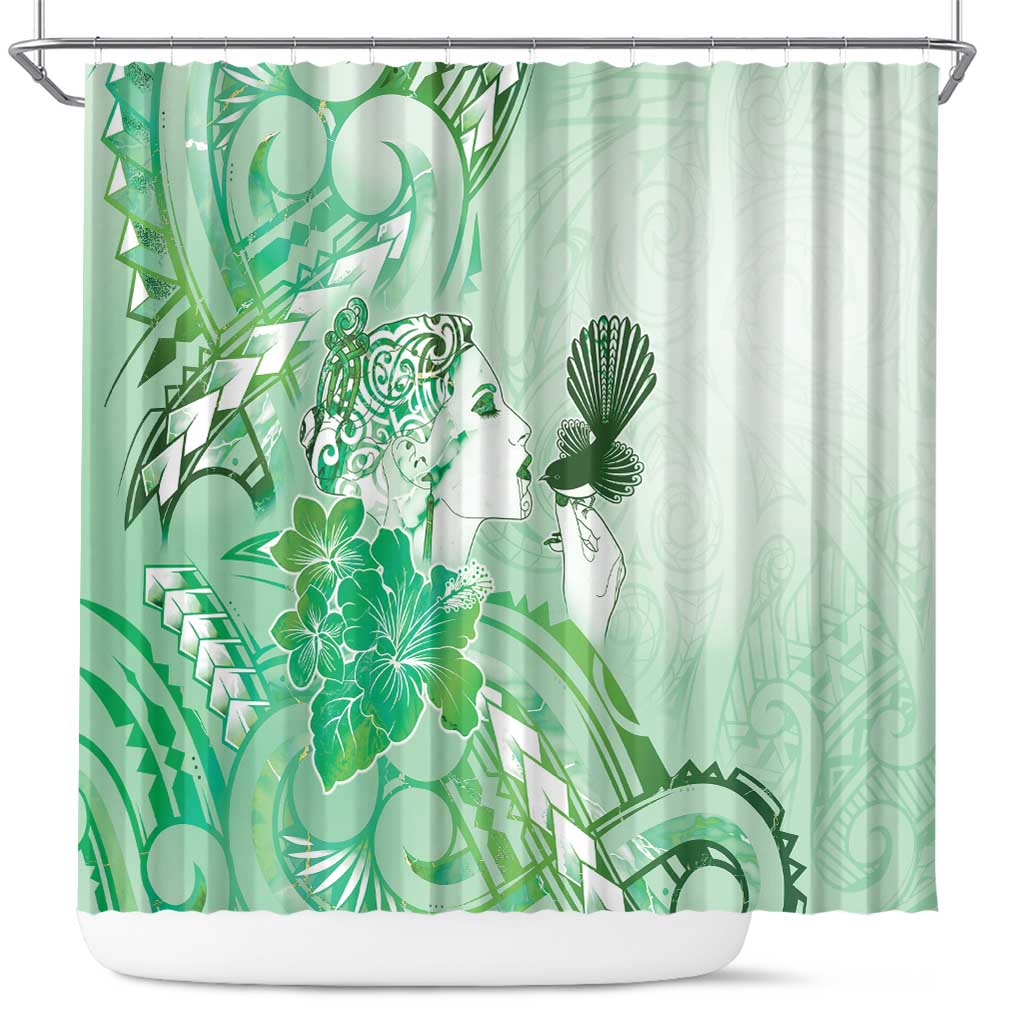 Aotearoa Maori Wahine Shower Curtain Fantail Bird Green Gold Marble LT05 Green - Polynesian Pride