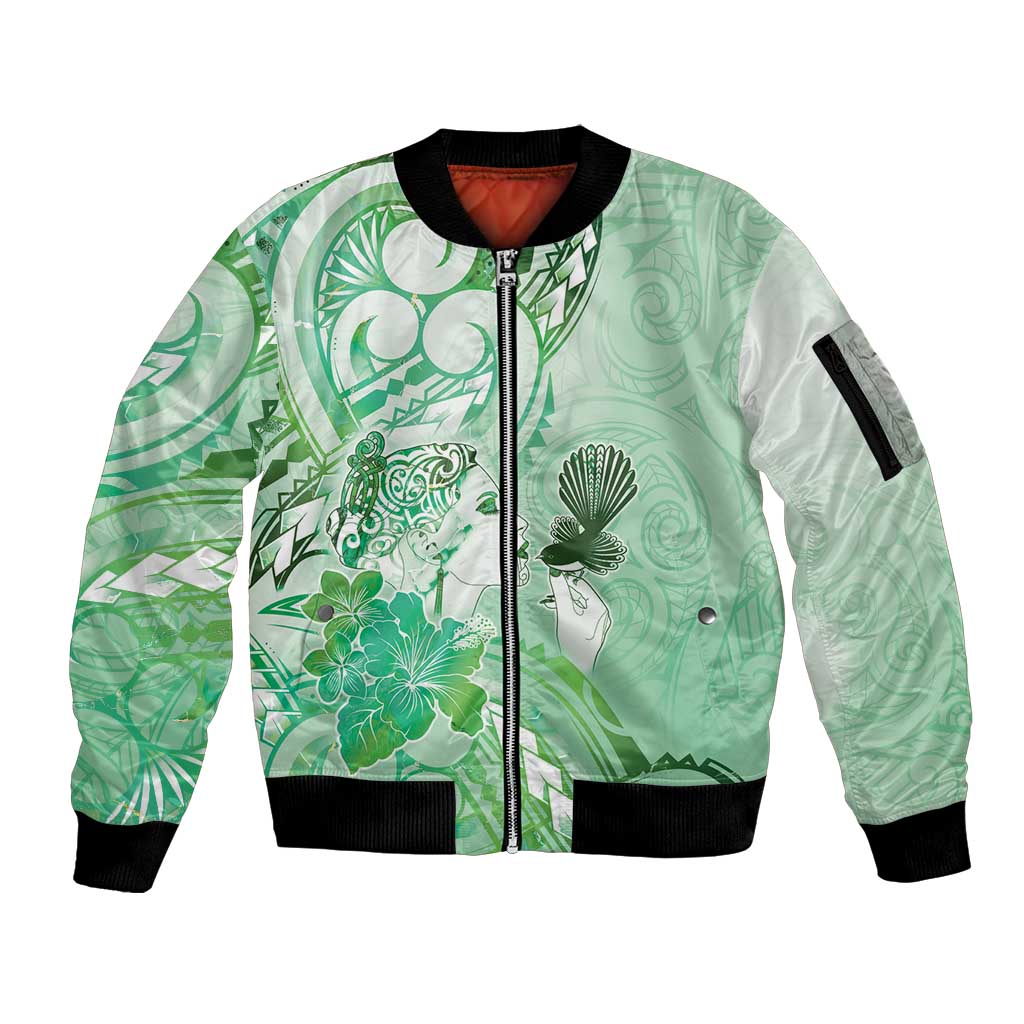 Aotearoa Maori Wahine Sleeve Zip Bomber Jacket Fantail Bird Green Gold Marble LT05 Unisex Green - Polynesian Pride