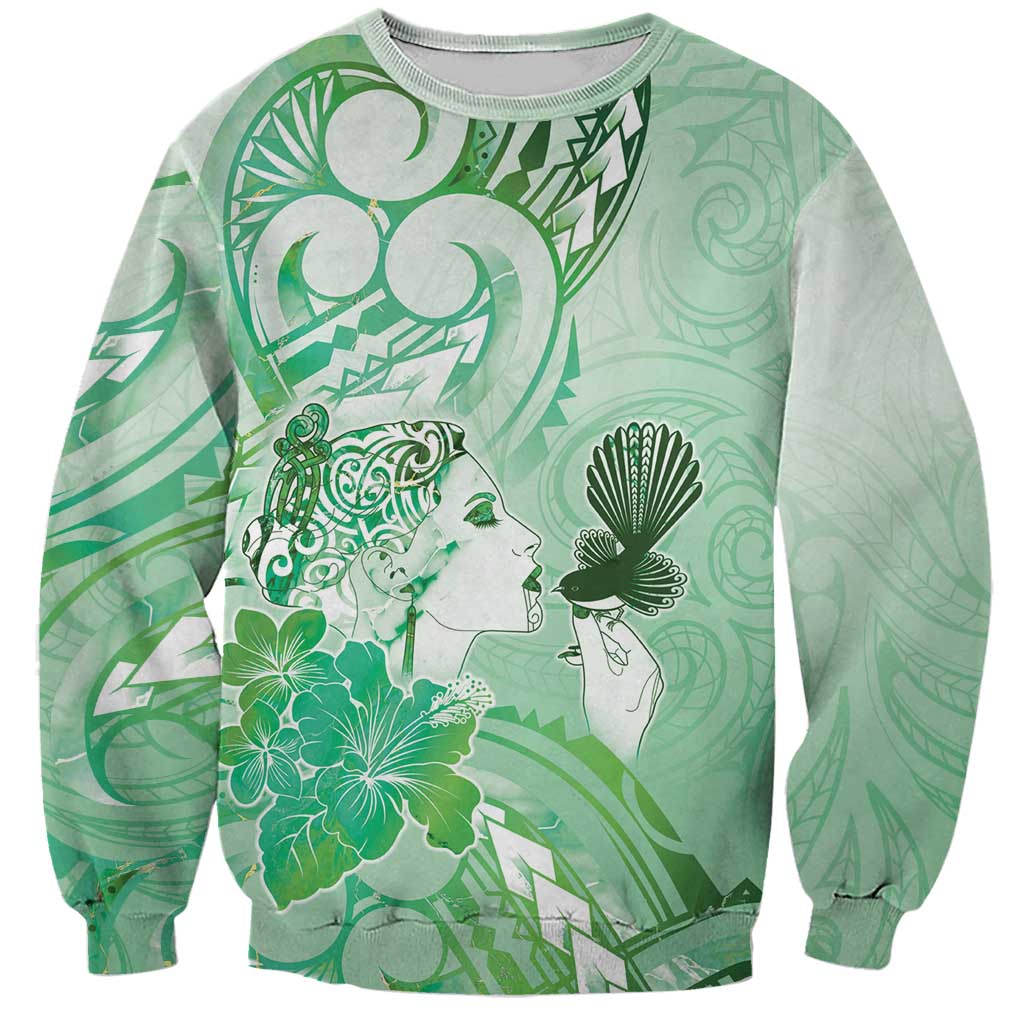 Aotearoa Maori Wahine Sweatshirt Fantail Bird Green Gold Marble