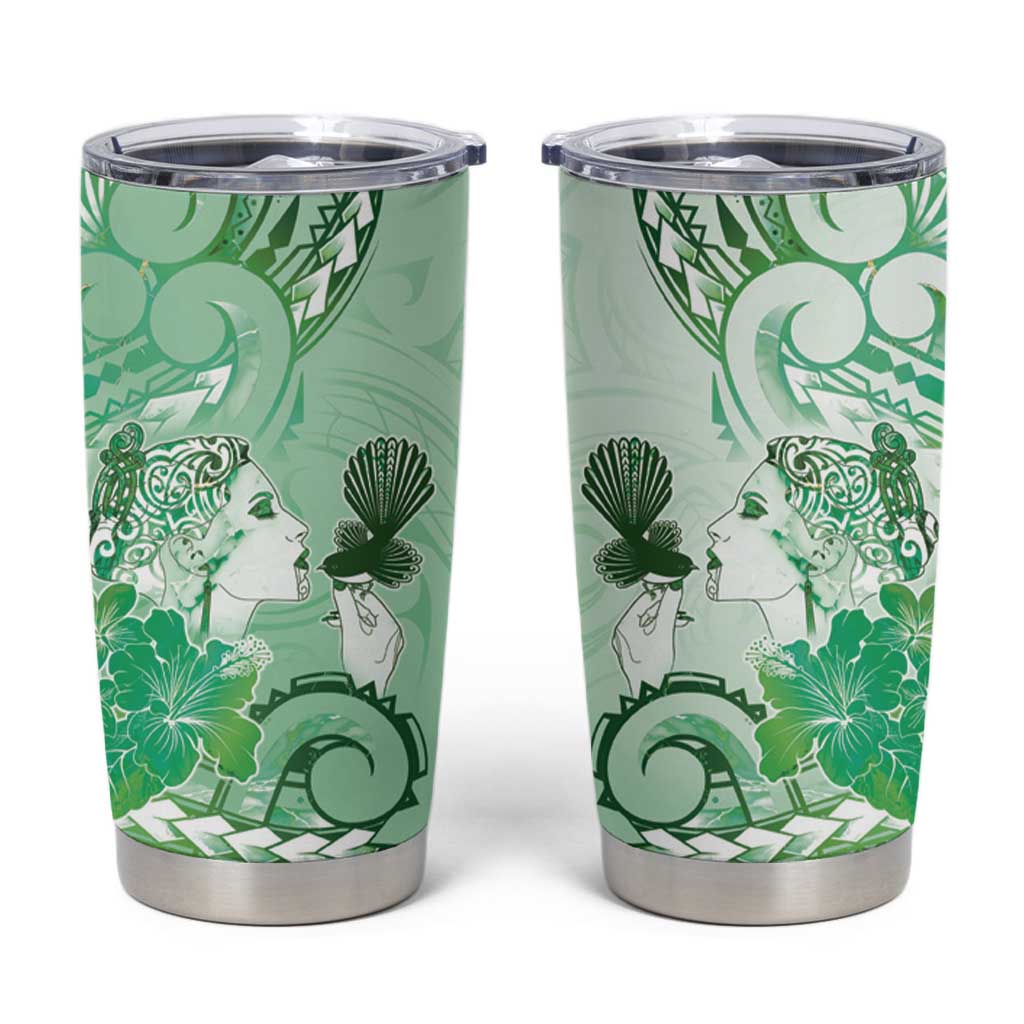 Aotearoa Maori Wahine Tumbler Cup Fantail Bird Green Gold Marble