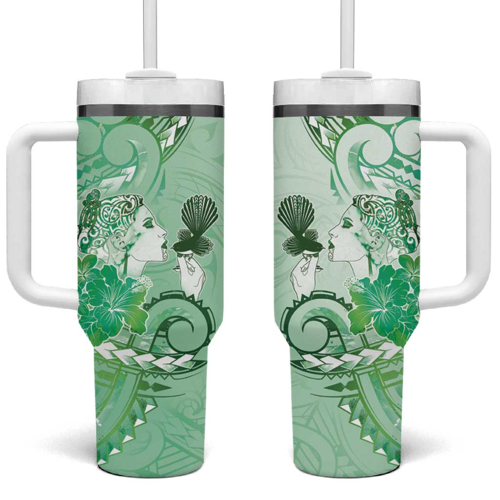 Aotearoa Maori Wahine Tumbler With Handle Fantail Bird Green Gold Marble