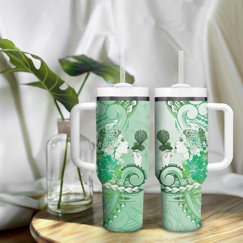Aotearoa Maori Wahine Tumbler With Handle Fantail Bird Green Gold Marble