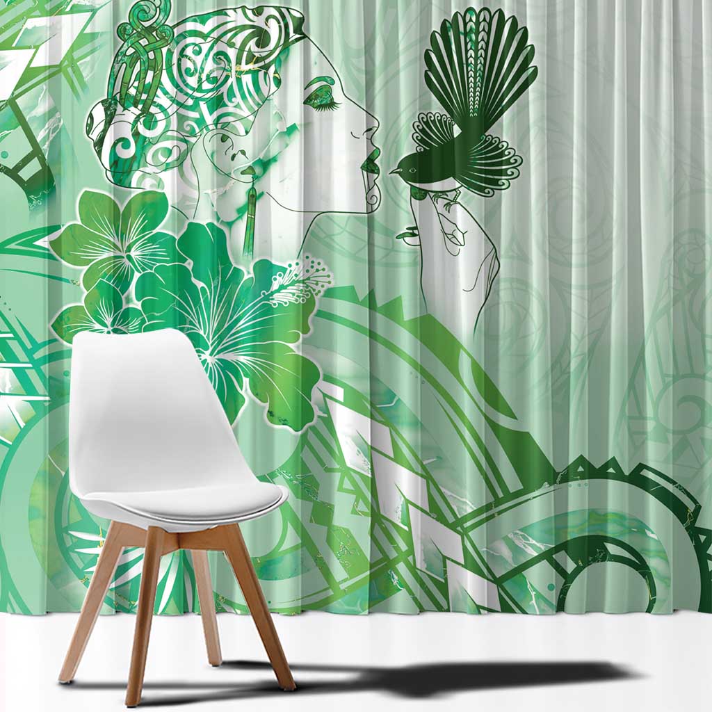 Aotearoa Maori Wahine Window Curtain Fantail Bird Green Gold Marble