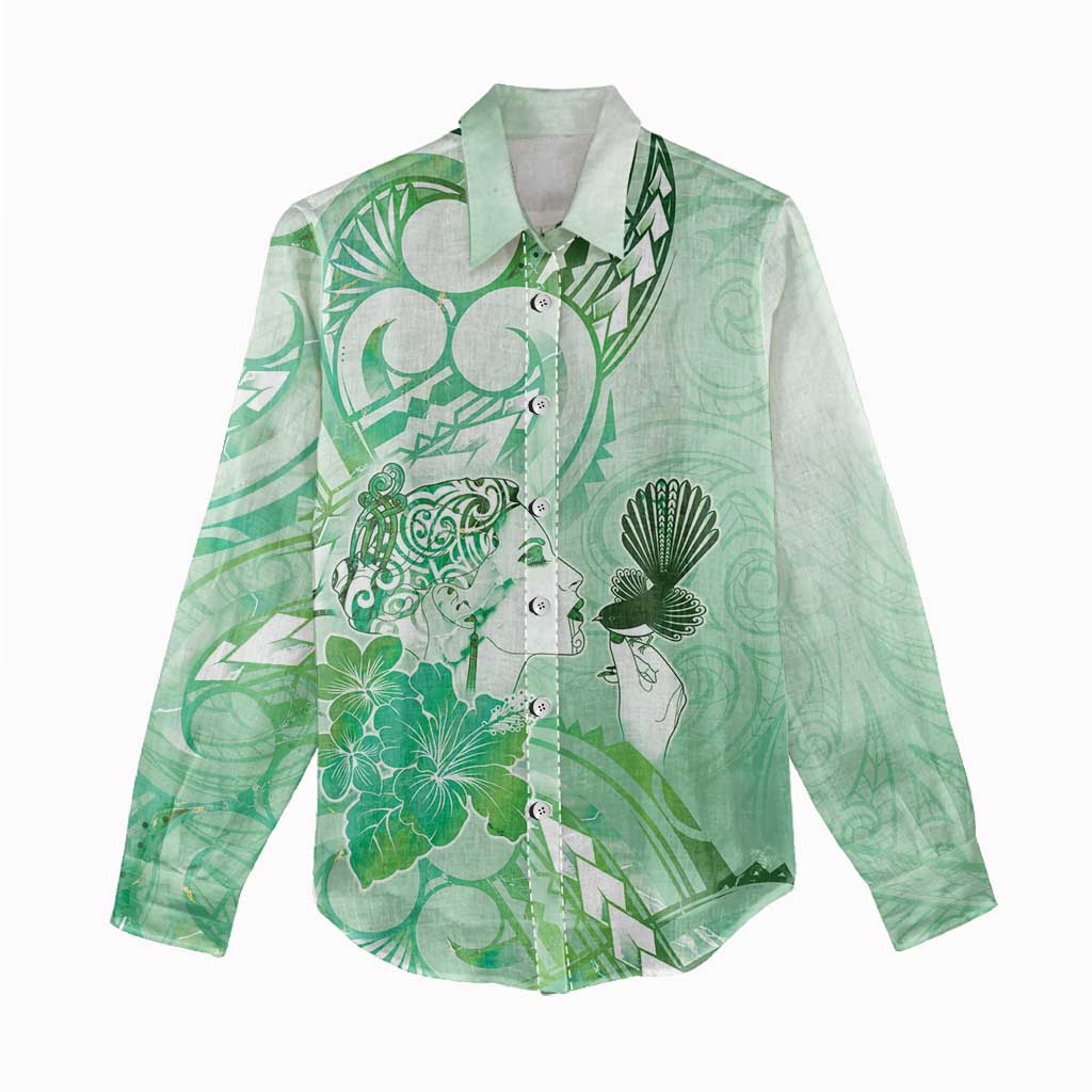 Aotearoa Maori Wahine Women Casual Shirt Fantail Bird Green Gold Marble