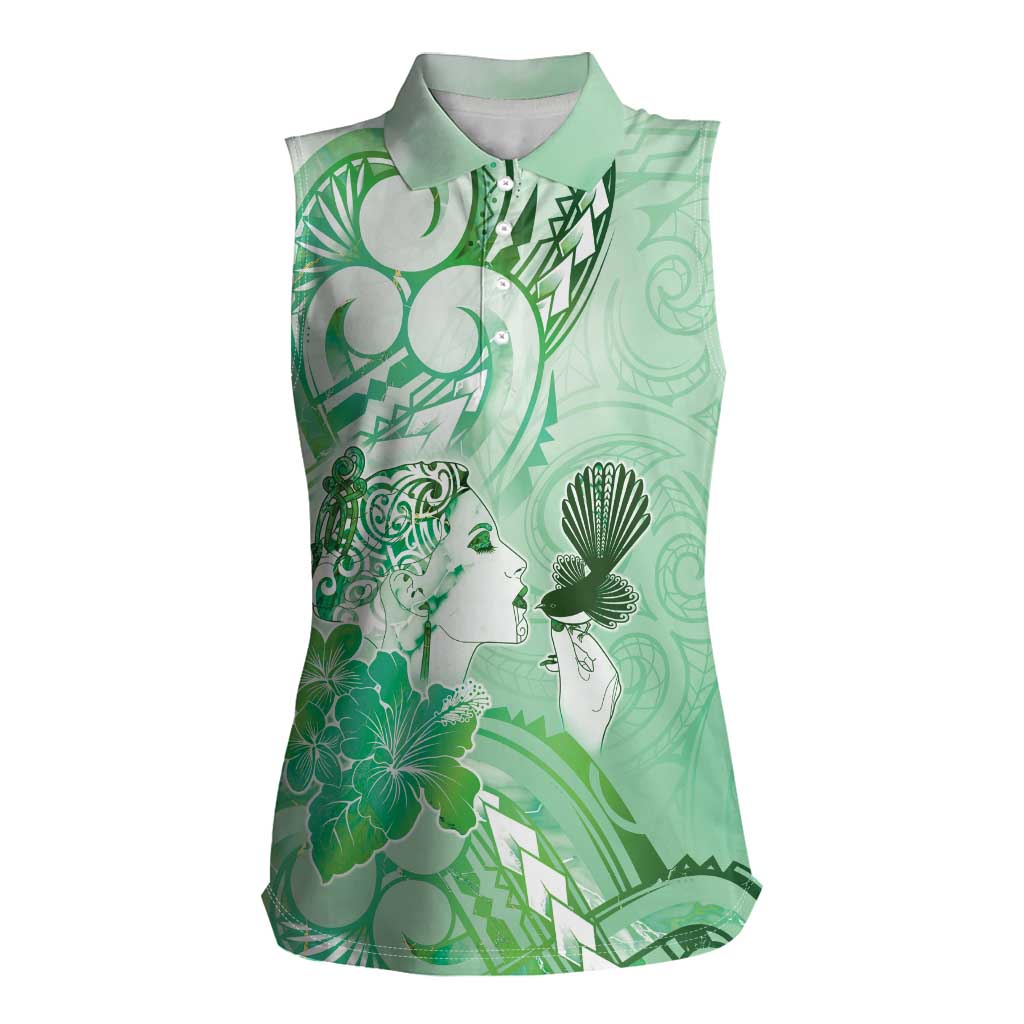 Aotearoa Maori Wahine Women Sleeveless Polo Shirt Fantail Bird Green Gold Marble
