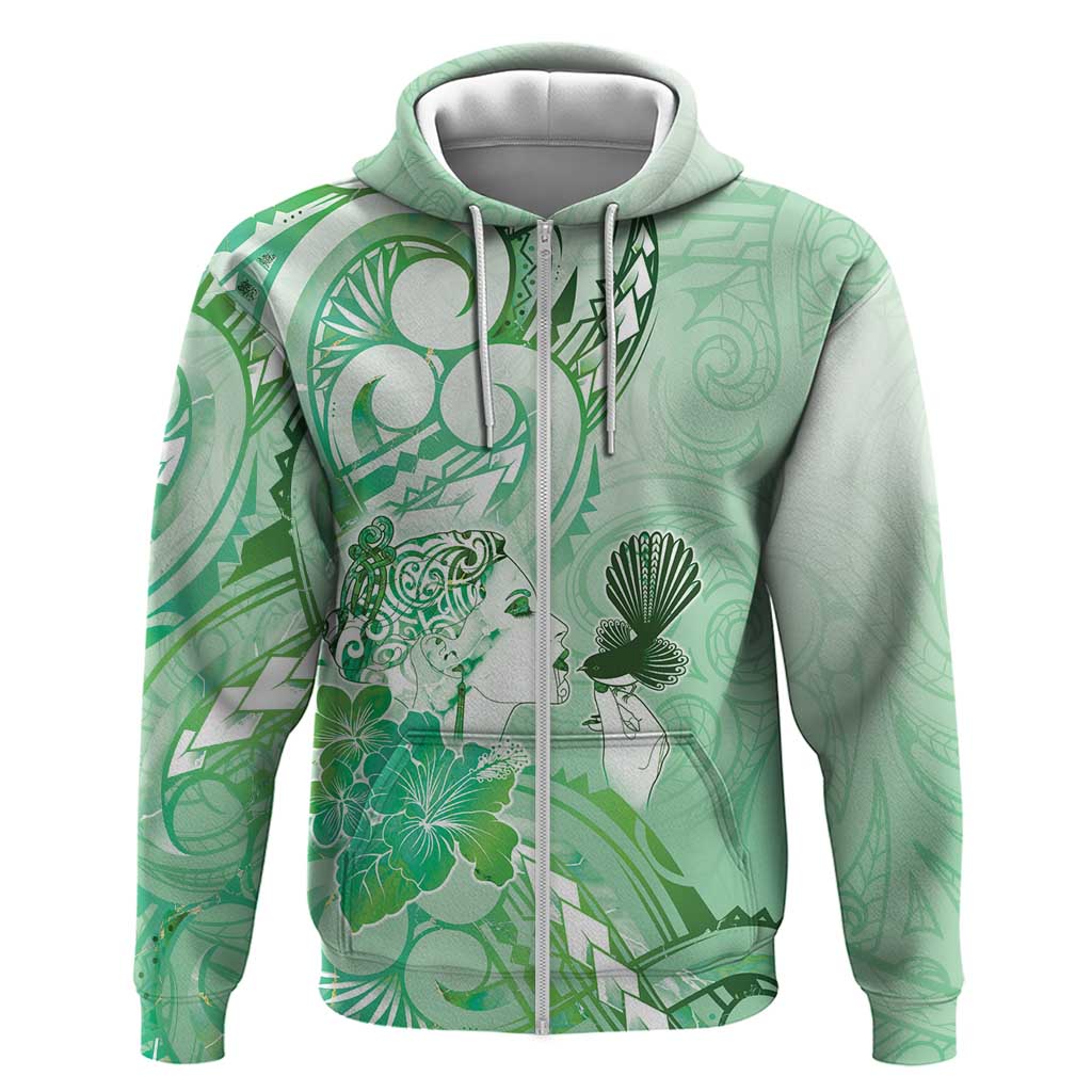 Aotearoa Maori Wahine Zip Hoodie Fantail Bird Green Gold Marble LT05 Zip Hoodie Green - Polynesian Pride