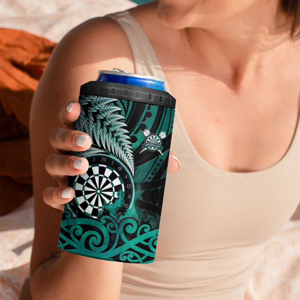 Personalised New Zealand Darts 4 in 1 Can Cooler Tumbler Maori Koru Dartboard Turquoise Flame