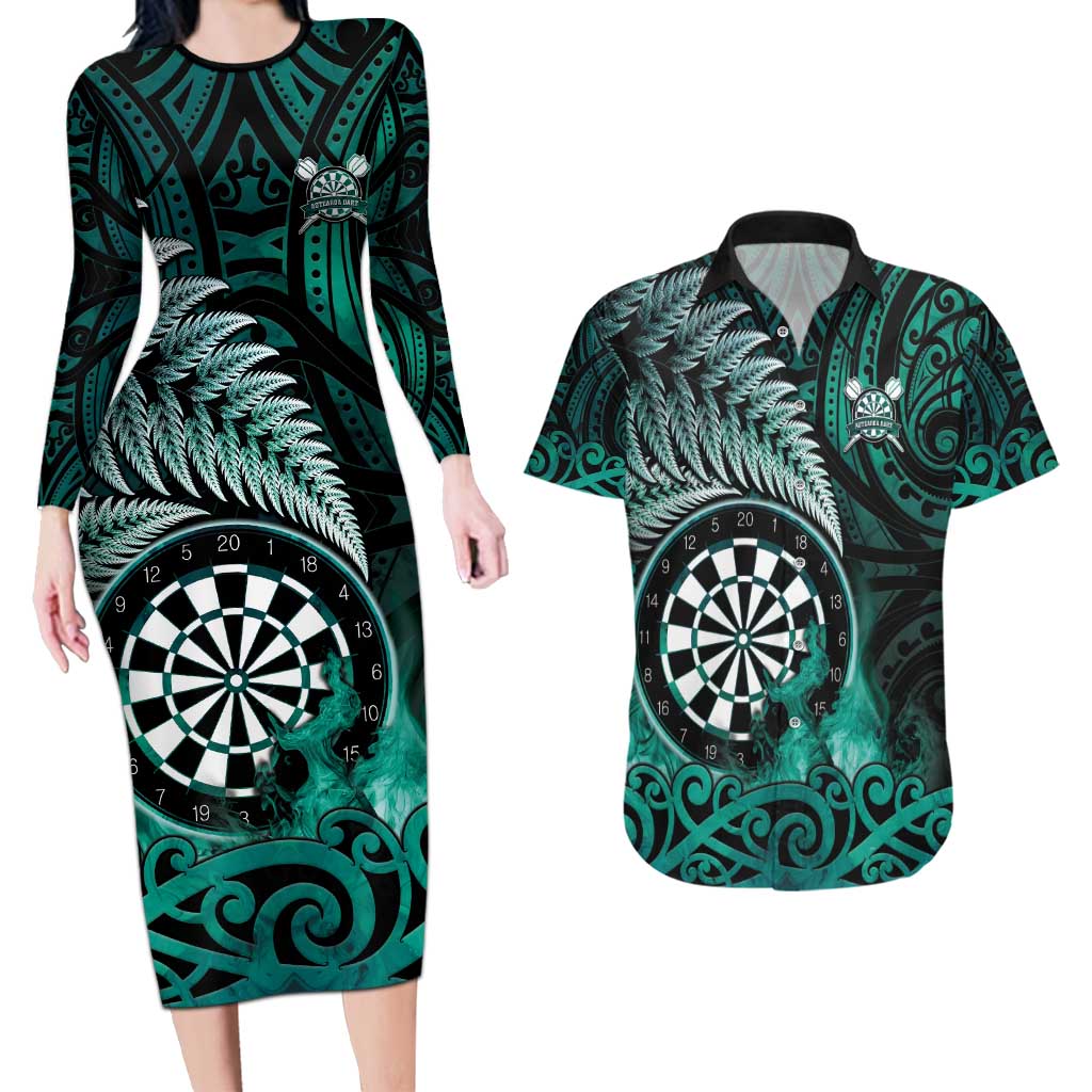 Personalised New Zealand Darts Couples Matching Long Sleeve Bodycon Dress and Hawaiian Shirt Maori Koru Dartboard Turquoise Flame