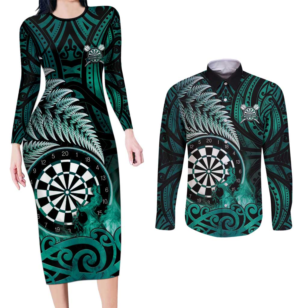 Personalised New Zealand Darts Couples Matching Long Sleeve Bodycon Dress and Long Sleeve Button Shirt Maori Koru Dartboard Turquoise Flame