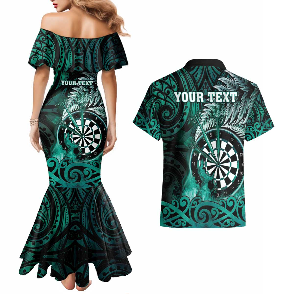 Personalised New Zealand Darts Couples Matching Mermaid Dress and Hawaiian Shirt Maori Koru Dartboard Turquoise Flame