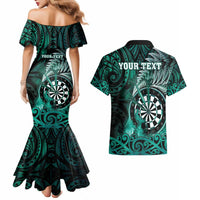 Personalised New Zealand Darts Couples Matching Mermaid Dress and Hawaiian Shirt Maori Koru Dartboard Turquoise Flame