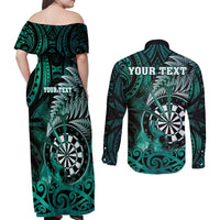 Personalised New Zealand Darts Couples Matching Off Shoulder Maxi Dress and Long Sleeve Button Shirt Maori Koru Dartboard Turquoise Flame