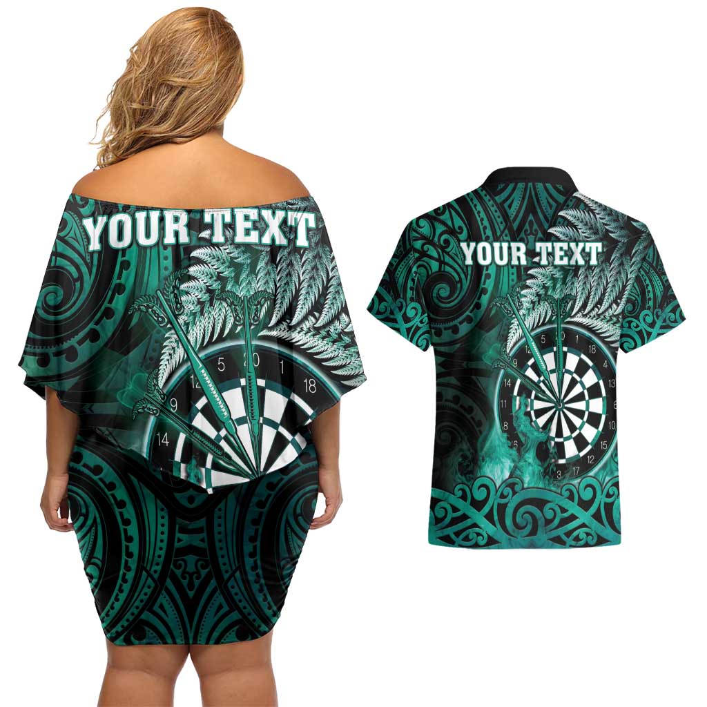 Personalised New Zealand Darts Couples Matching Off Shoulder Short Dress and Hawaiian Shirt Maori Koru Dartboard Turquoise Flame