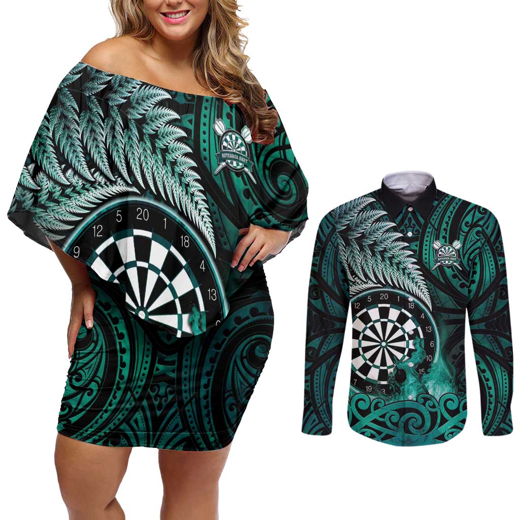 Personalised New Zealand Darts Couples Matching Off Shoulder Short Dress and Long Sleeve Button Shirt Maori Koru Dartboard Turquoise Flame