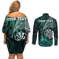 Personalised New Zealand Darts Couples Matching Off Shoulder Short Dress and Long Sleeve Button Shirt Maori Koru Dartboard Turquoise Flame