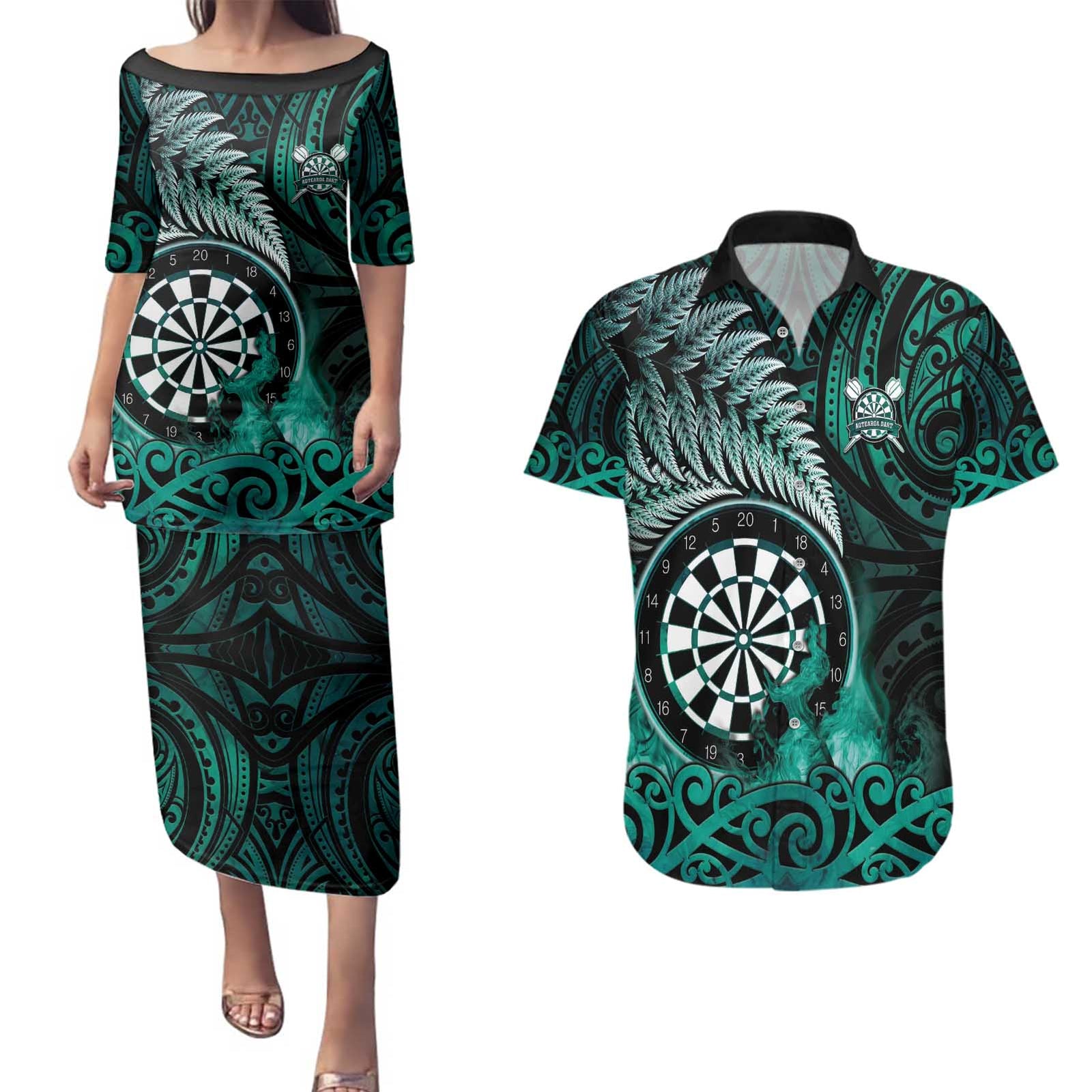 Personalised New Zealand Darts Couples Matching Puletasi and Hawaiian Shirt Maori Koru Dartboard Turquoise Flame