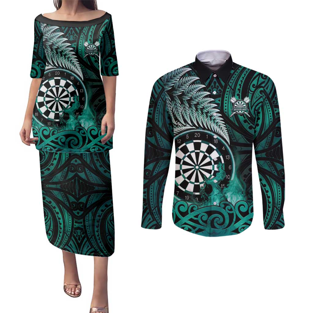 Personalised New Zealand Darts Couples Matching Puletasi and Long Sleeve Button Shirt Maori Koru Dartboard Turquoise Flame