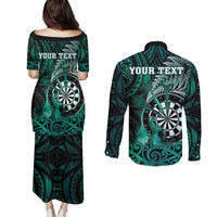 Personalised New Zealand Darts Couples Matching Puletasi and Long Sleeve Button Shirt Maori Koru Dartboard Turquoise Flame