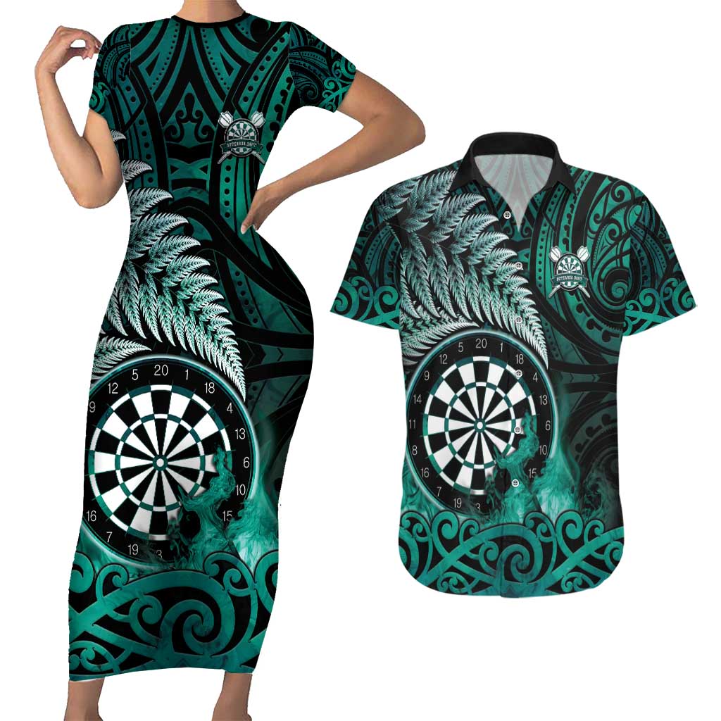 Personalised New Zealand Darts Couples Matching Short Sleeve Bodycon Dress and Hawaiian Shirt Maori Koru Dartboard Turquoise Flame