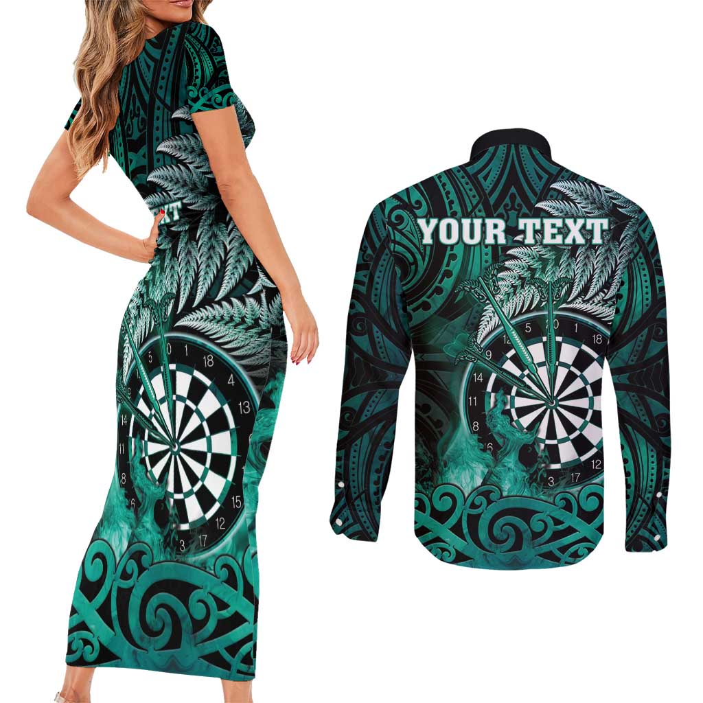 Personalised New Zealand Darts Couples Matching Short Sleeve Bodycon Dress and Long Sleeve Button Shirt Maori Koru Dartboard Turquoise Flame