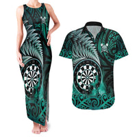 Personalised New Zealand Darts Couples Matching Tank Maxi Dress and Hawaiian Shirt Maori Koru Dartboard Turquoise Flame