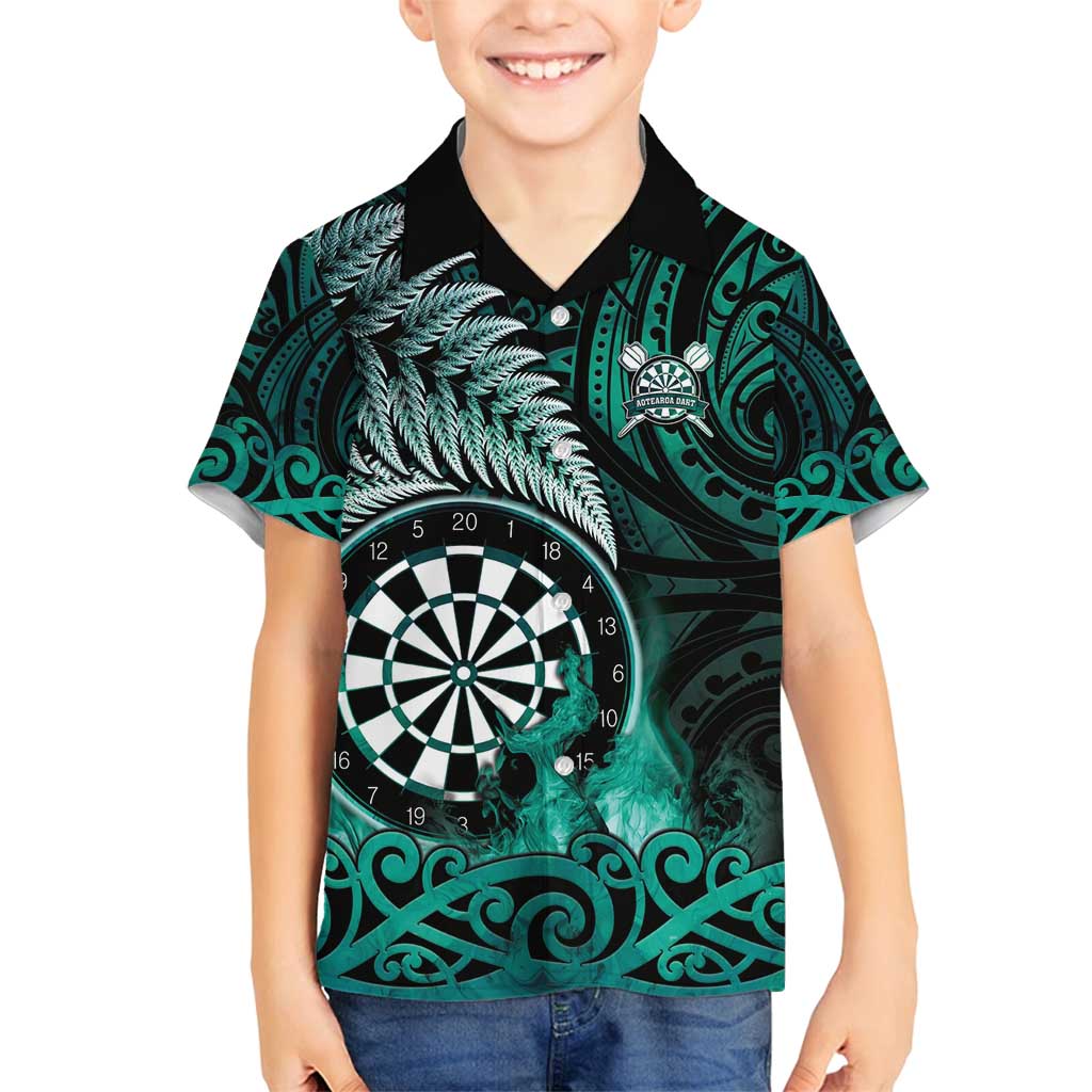 Personalised New Zealand Darts Family Matching Long Sleeve Bodycon Dress and Hawaiian Shirt Maori Koru Dartboard Turquoise Flame