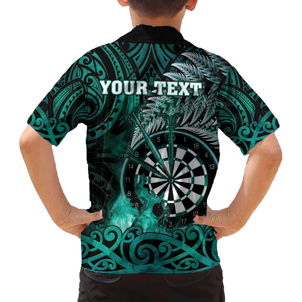 Personalised New Zealand Darts Family Matching Off The Shoulder Long Sleeve Dress and Hawaiian Shirt Maori Koru Dartboard Turquoise Flame