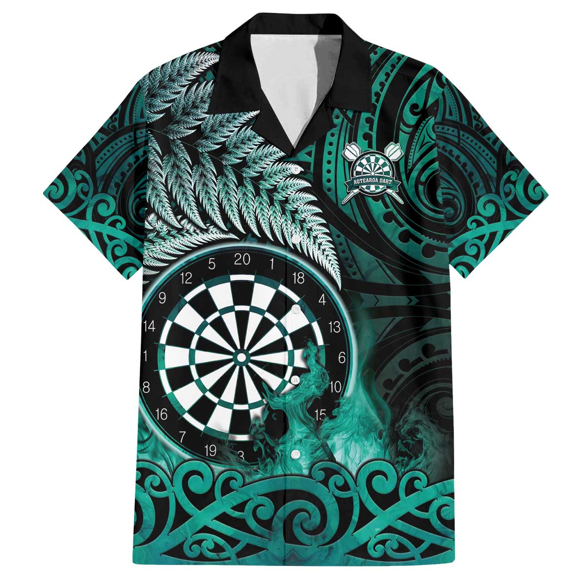 Personalised New Zealand Darts Family Matching Off The Shoulder Long Sleeve Dress and Hawaiian Shirt Maori Koru Dartboard Turquoise Flame