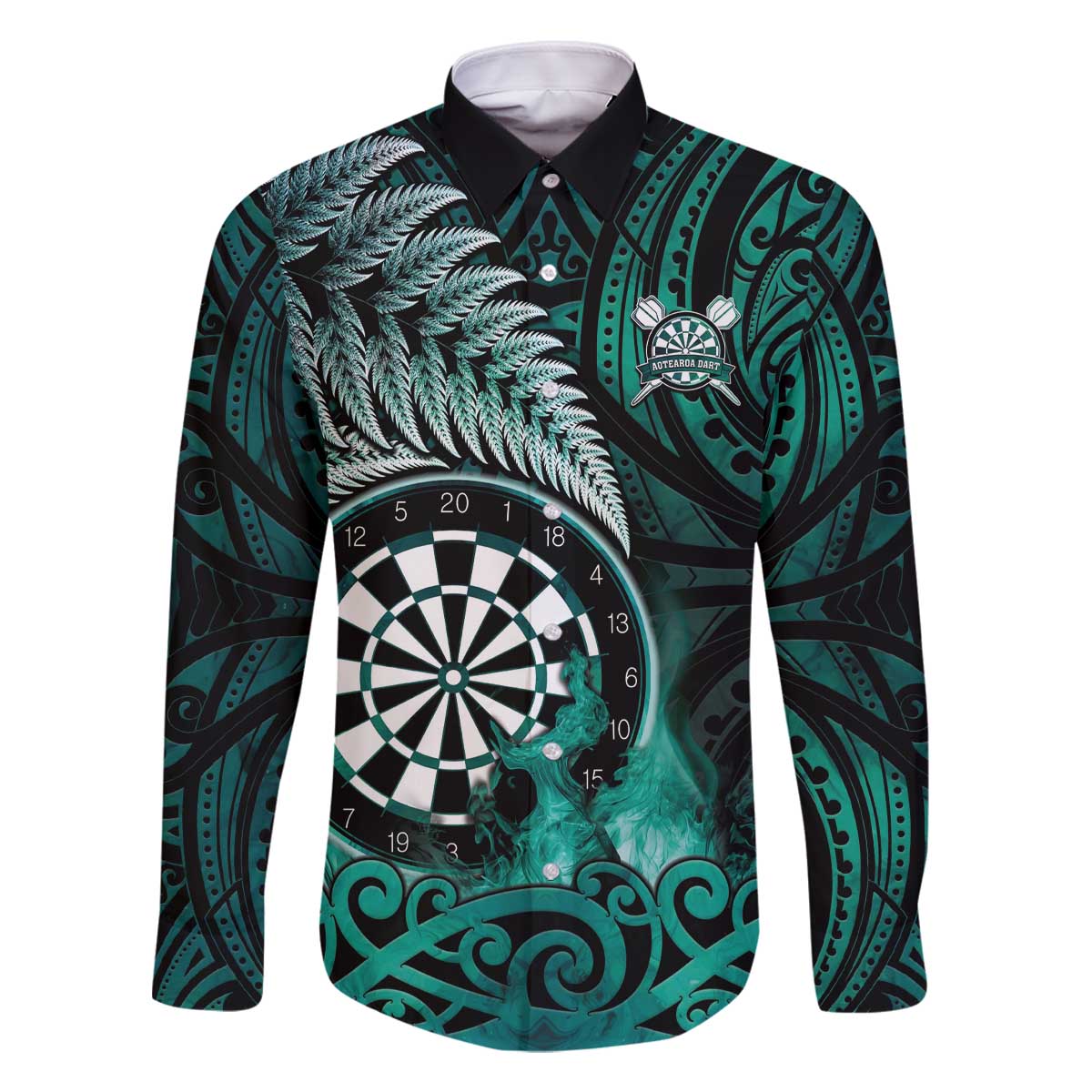 Personalised New Zealand Darts Family Matching Off The Shoulder Long Sleeve Dress and Hawaiian Shirt Maori Koru Dartboard Turquoise Flame