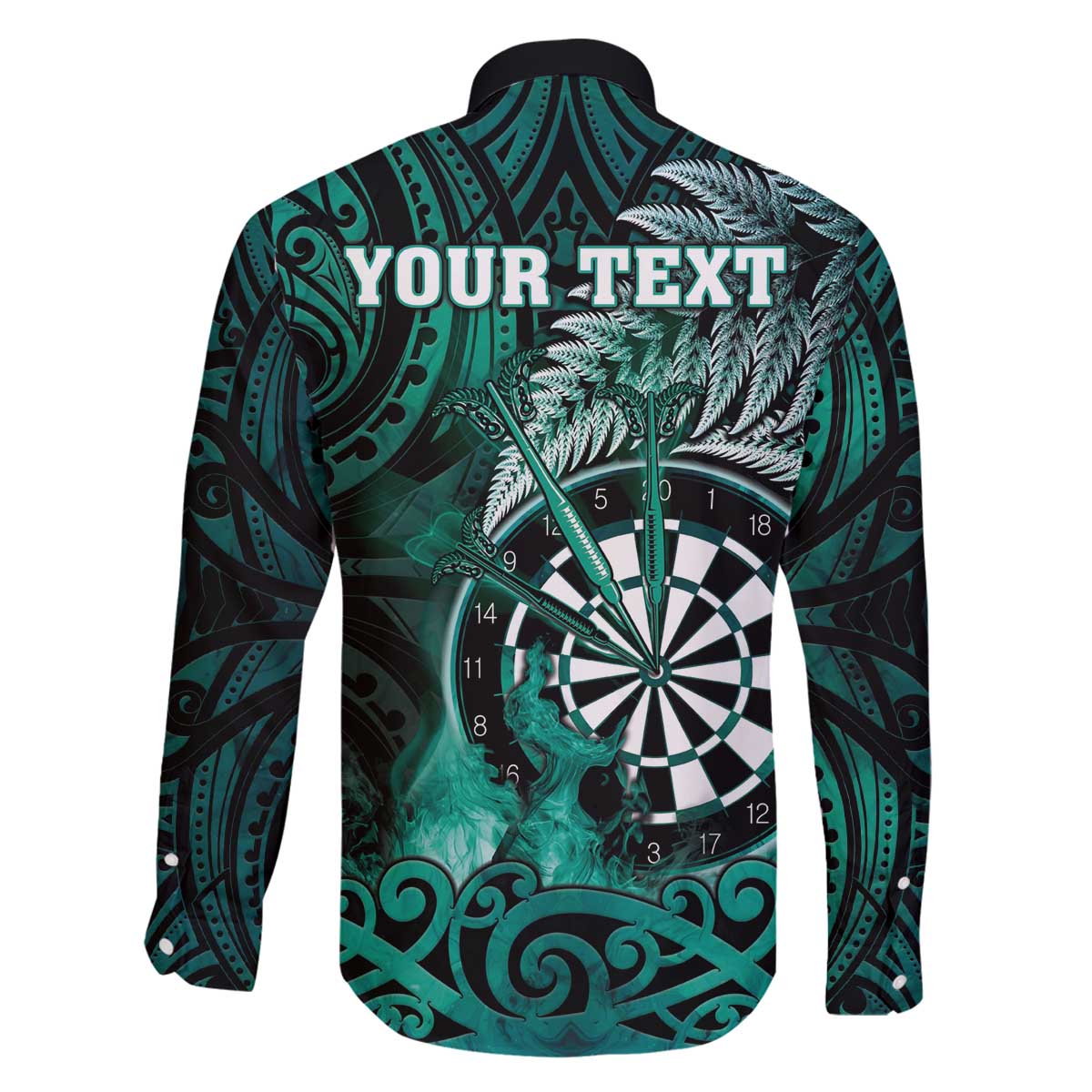 Personalised New Zealand Darts Family Matching Off The Shoulder Long Sleeve Dress and Hawaiian Shirt Maori Koru Dartboard Turquoise Flame
