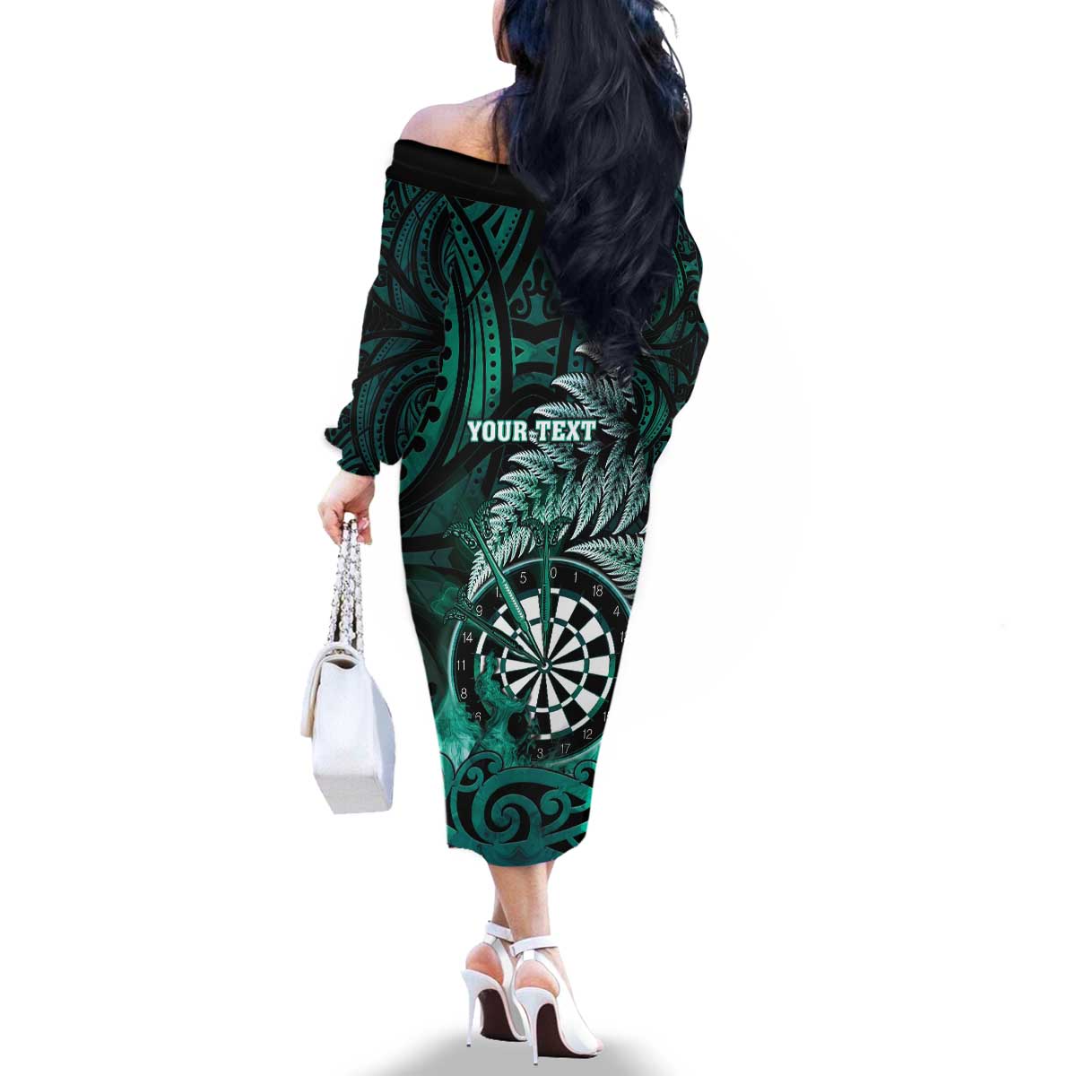 Personalised New Zealand Darts Family Matching Off The Shoulder Long Sleeve Dress and Hawaiian Shirt Maori Koru Dartboard Turquoise Flame
