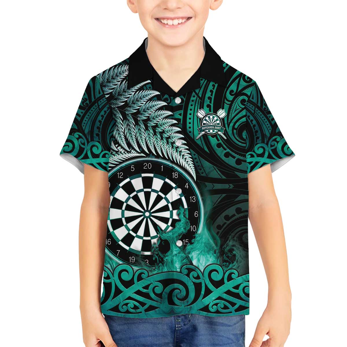 Personalised New Zealand Darts Family Matching Off The Shoulder Long Sleeve Dress and Hawaiian Shirt Maori Koru Dartboard Turquoise Flame