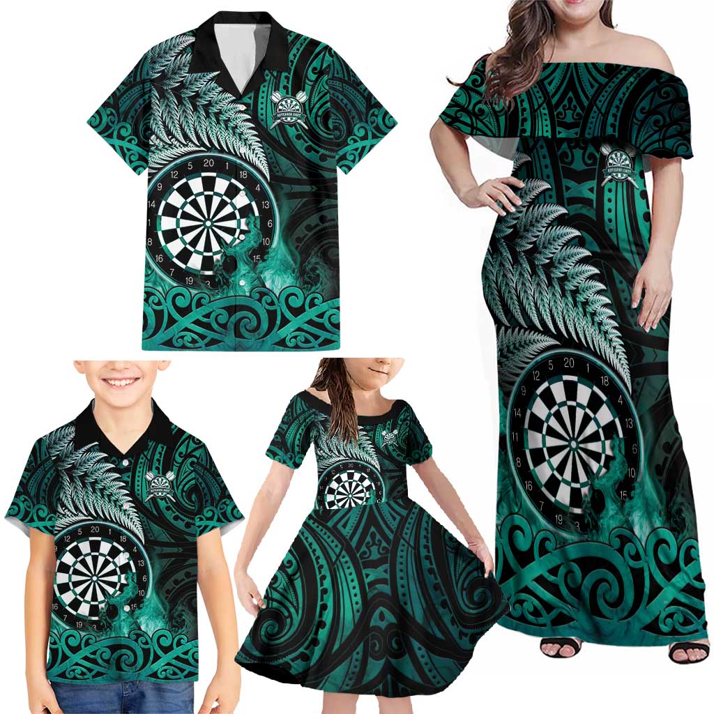 Personalised New Zealand Darts Family Matching Off Shoulder Maxi Dress and Hawaiian Shirt Maori Koru Dartboard Turquoise Flame