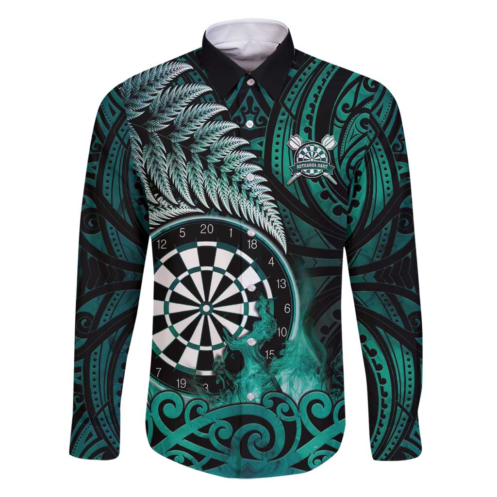 Personalised New Zealand Darts Family Matching Off Shoulder Maxi Dress and Hawaiian Shirt Maori Koru Dartboard Turquoise Flame LT05 Dad's Shirt - Long Sleeve Turquoise - Polynesian Pride