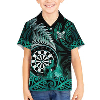 Personalised New Zealand Darts Family Matching Off Shoulder Maxi Dress and Hawaiian Shirt Maori Koru Dartboard Turquoise Flame LT05 Son's Shirt Turquoise - Polynesian Pride