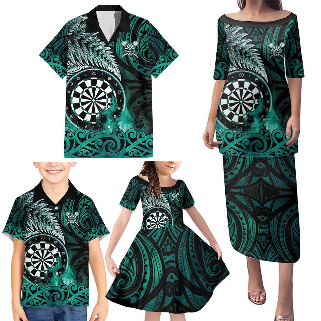 Personalised New Zealand Darts Family Matching Puletasi and Hawaiian Shirt Maori Koru Dartboard Turquoise Flame