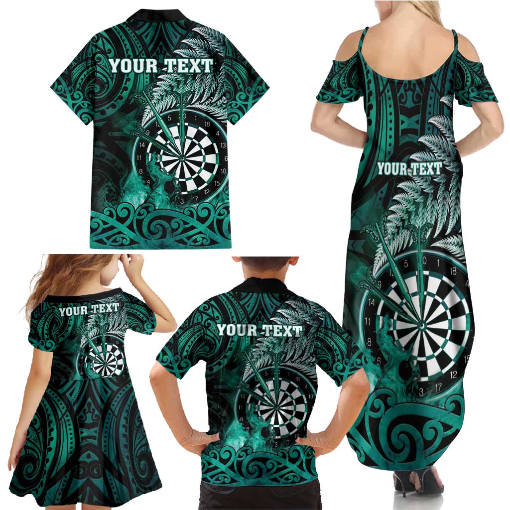 Personalised New Zealand Darts Family Matching Summer Maxi Dress and Hawaiian Shirt Maori Koru Dartboard Turquoise Flame