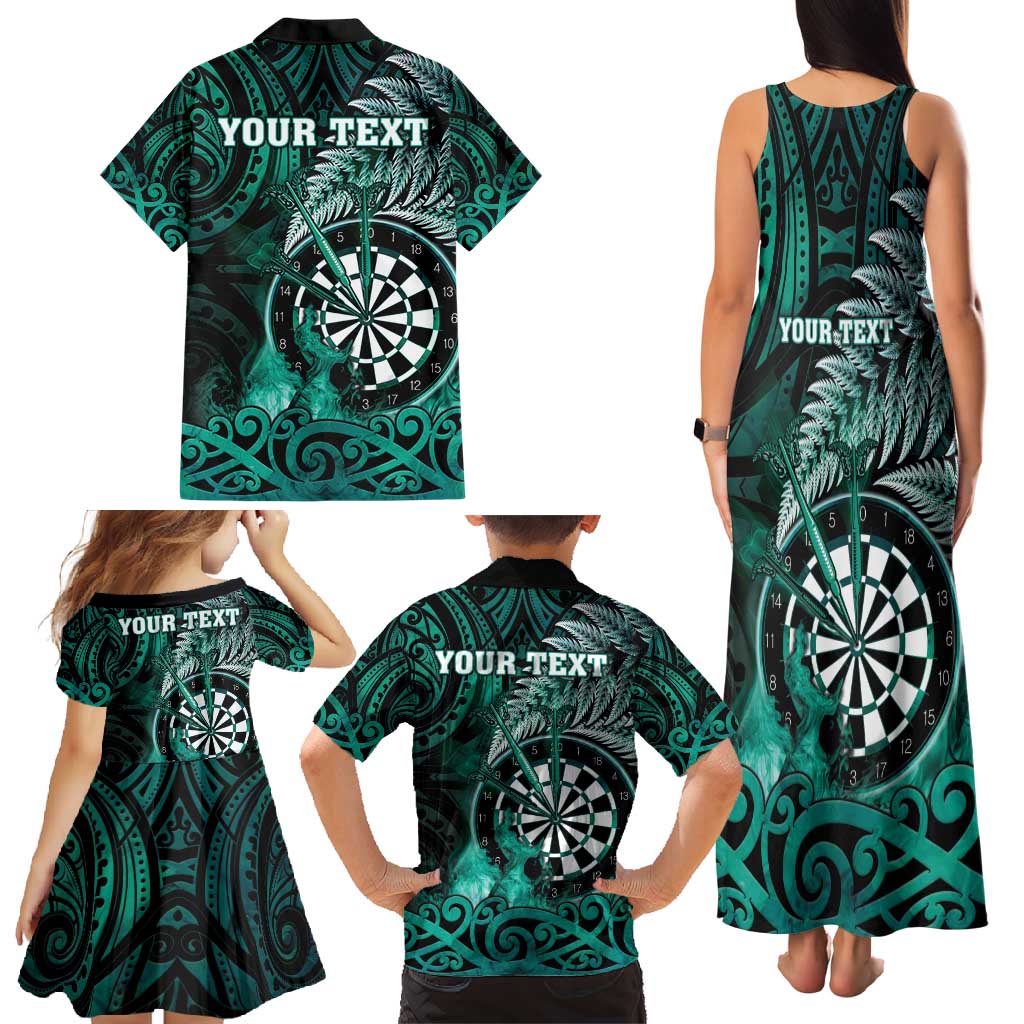 Personalised New Zealand Darts Family Matching Tank Maxi Dress and Hawaiian Shirt Maori Koru Dartboard Turquoise Flame