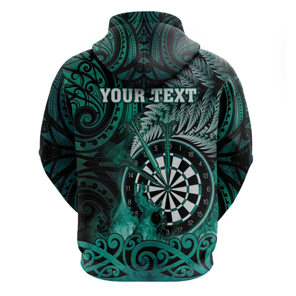 Personalised New Zealand Darts Hoodie Maori Koru Dartboard Turquoise Flame