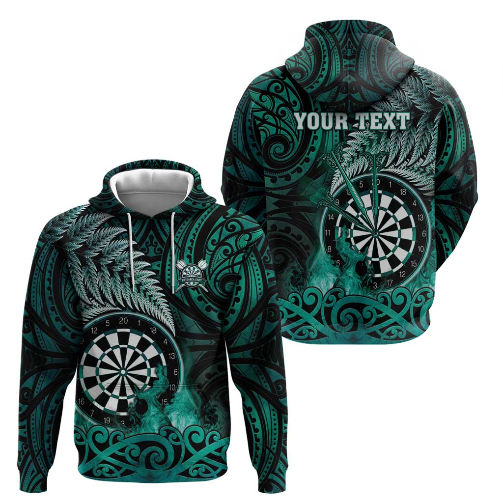 Personalised New Zealand Darts Hoodie Maori Koru Dartboard Turquoise Flame