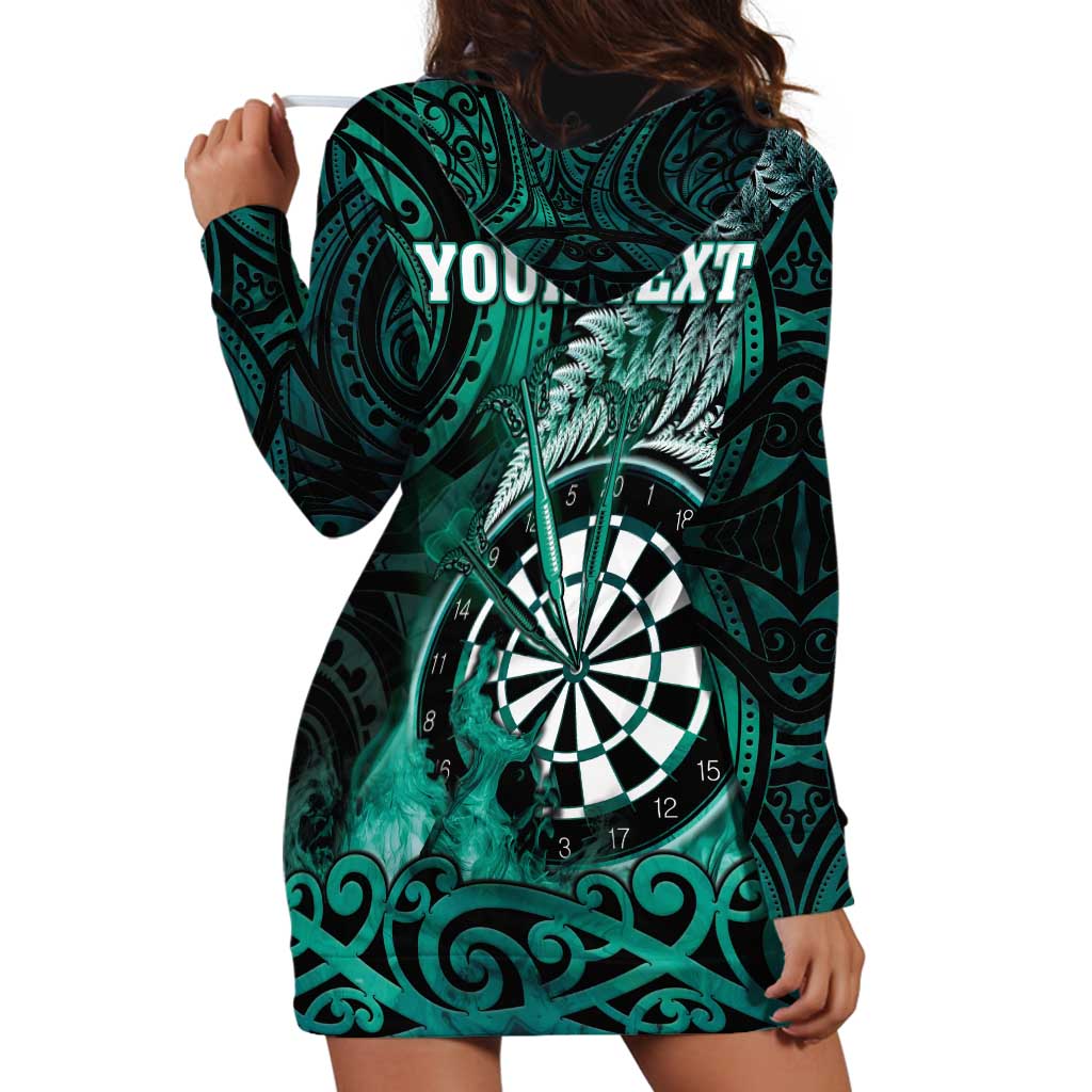 Personalised New Zealand Darts Hoodie Dress Maori Koru Dartboard Turquoise Flame