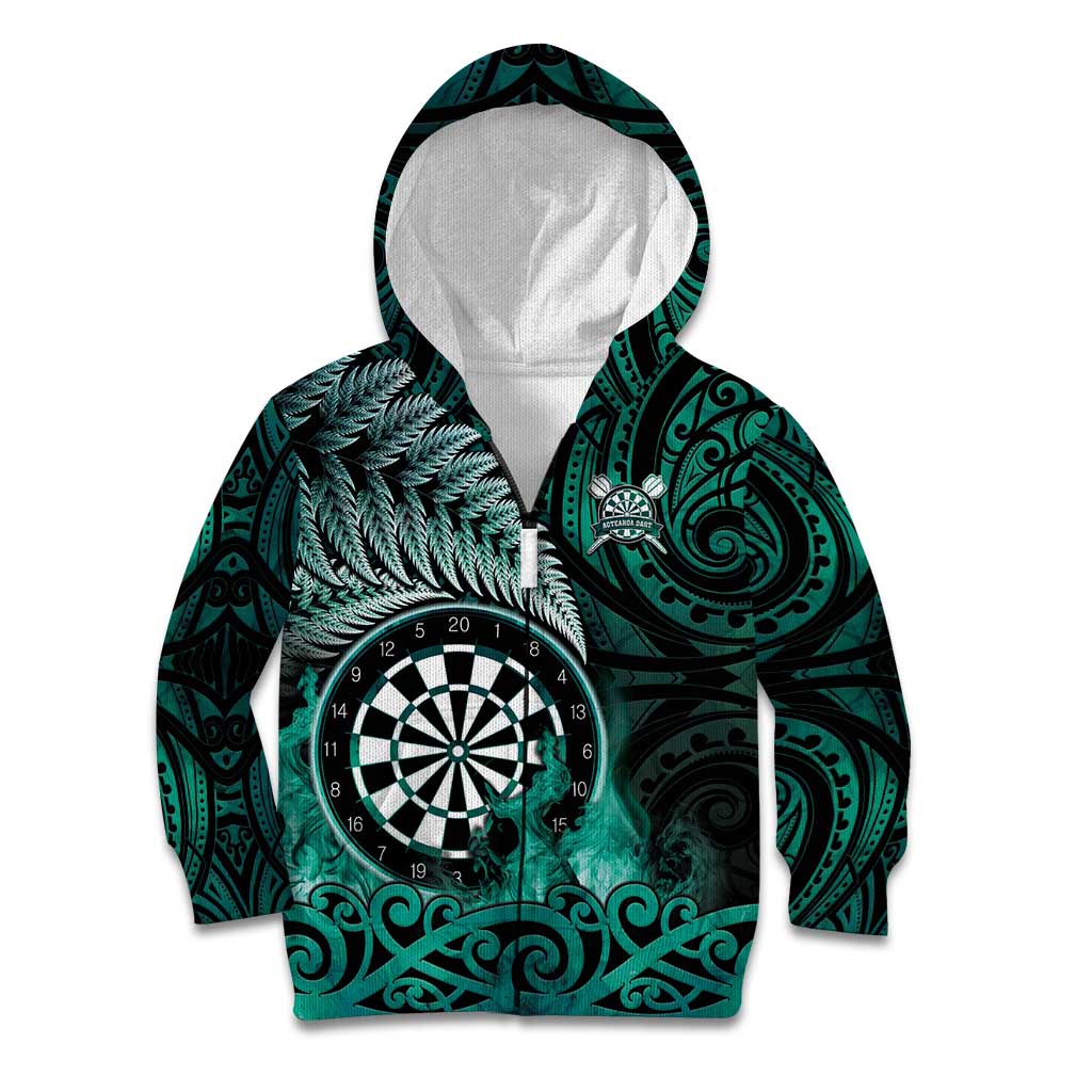 Personalised New Zealand Darts Kid Hoodie Maori Koru Dartboard Turquoise Flame