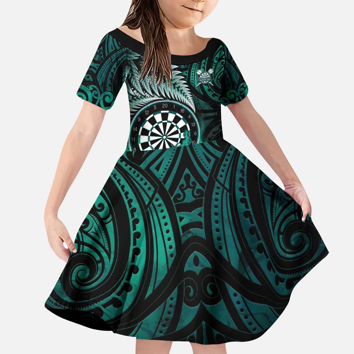 Personalised New Zealand Darts Kid Short Sleeve Dress Maori Koru Dartboard Turquoise Flame