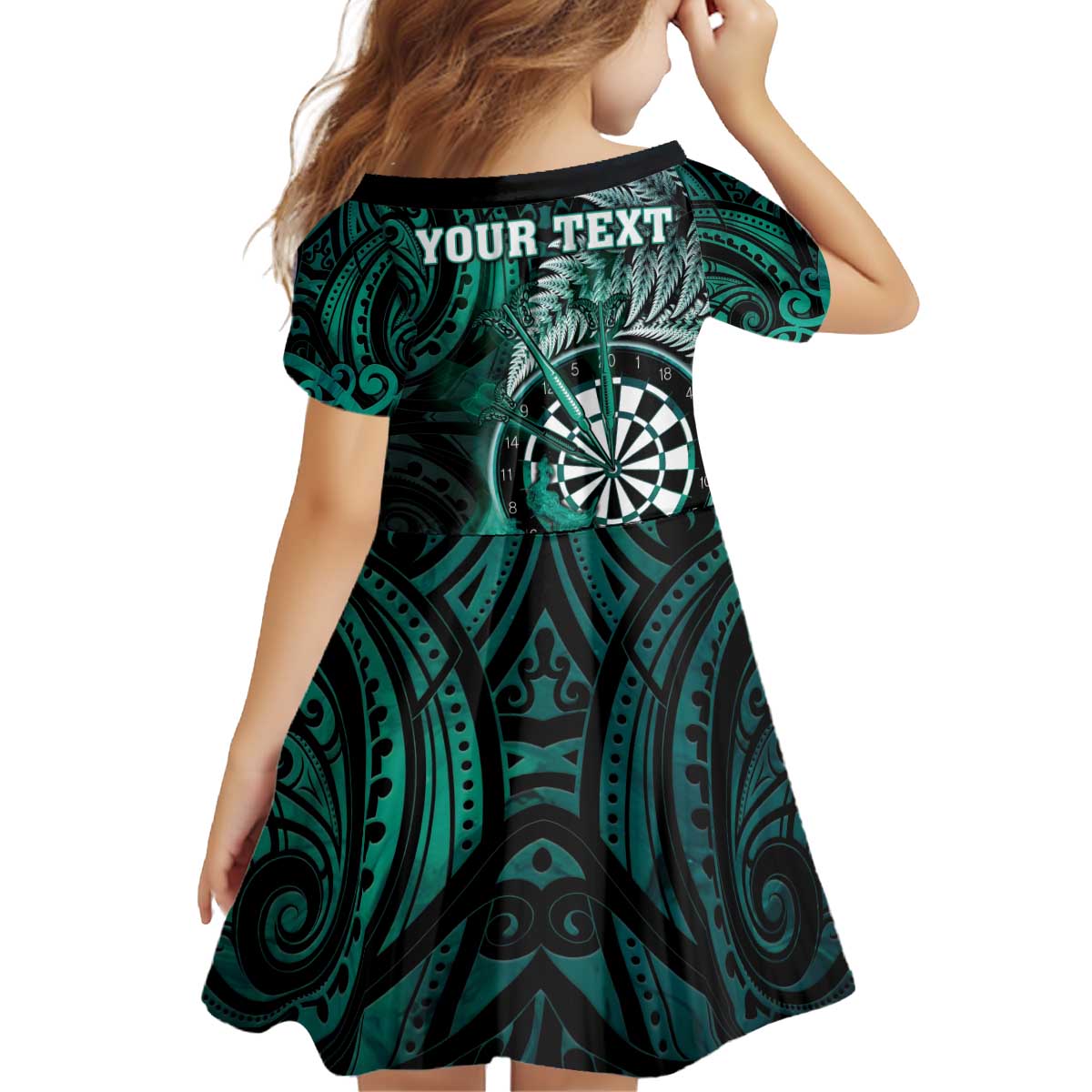 Personalised New Zealand Darts Kid Short Sleeve Dress Maori Koru Dartboard Turquoise Flame