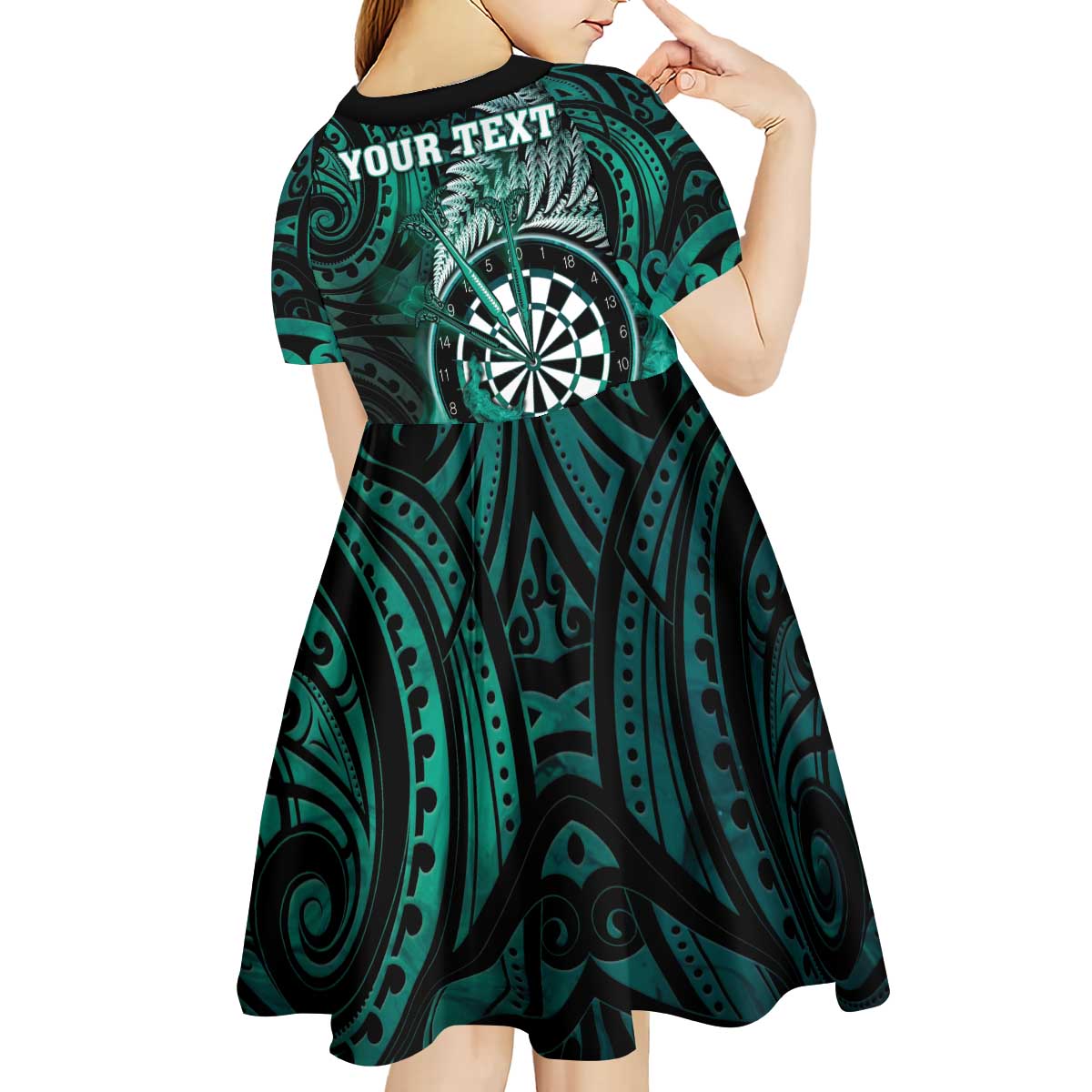 Personalised New Zealand Darts Kid Short Sleeve Dress Maori Koru Dartboard Turquoise Flame