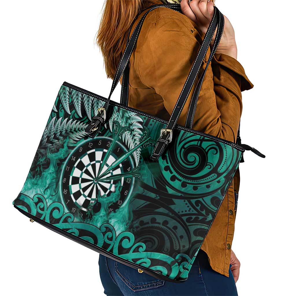 New Zealand Darts Leather Tote Bag Maori Koru Dartboard Turquoise Flame LT05 - Polynesian Pride