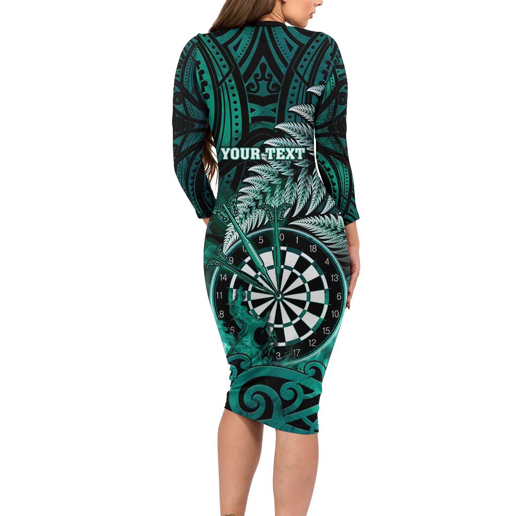 Personalised New Zealand Darts Long Sleeve Bodycon Dress Maori Koru Dartboard Turquoise Flame